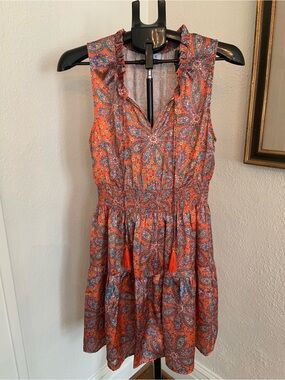 THML Sleeveless Orange  Paisley Sundress with wTassel Tie